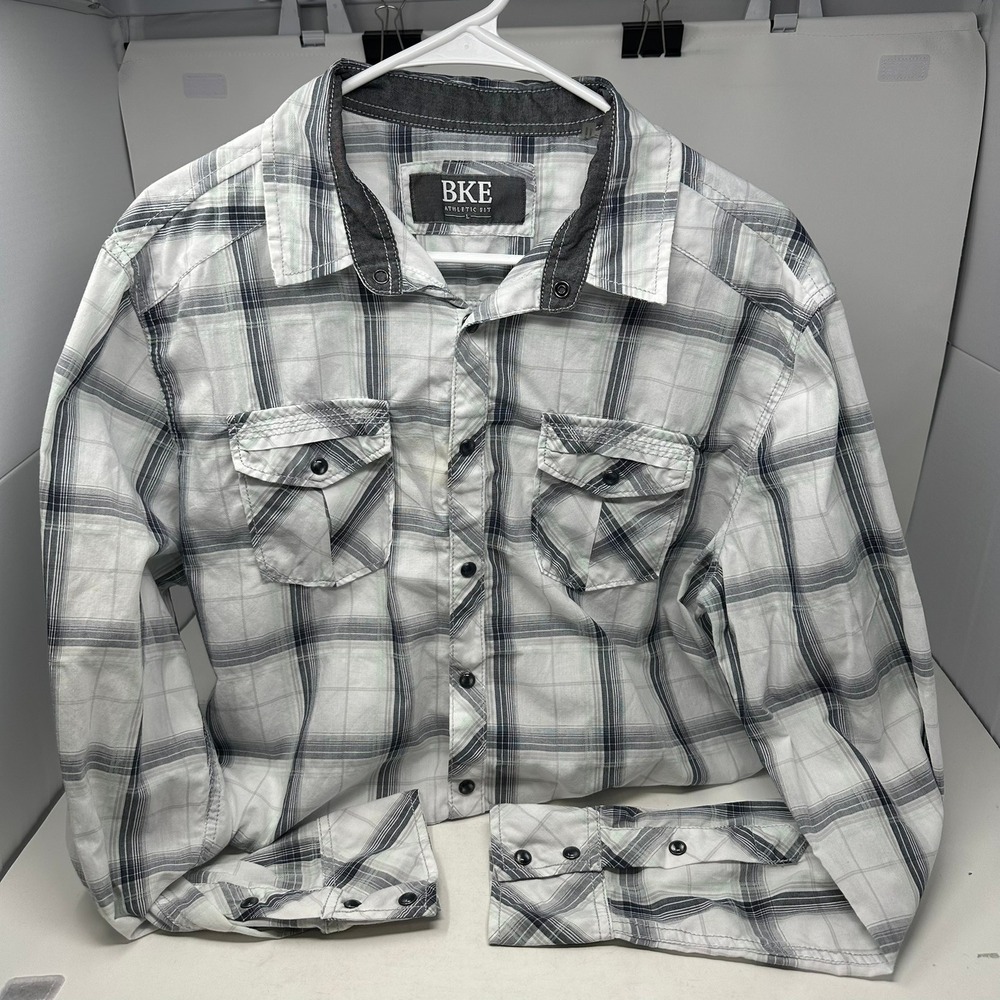 BKE Button Down Shirt Men L White Plaid Athletic Fit Long Sleeve 11505FPW